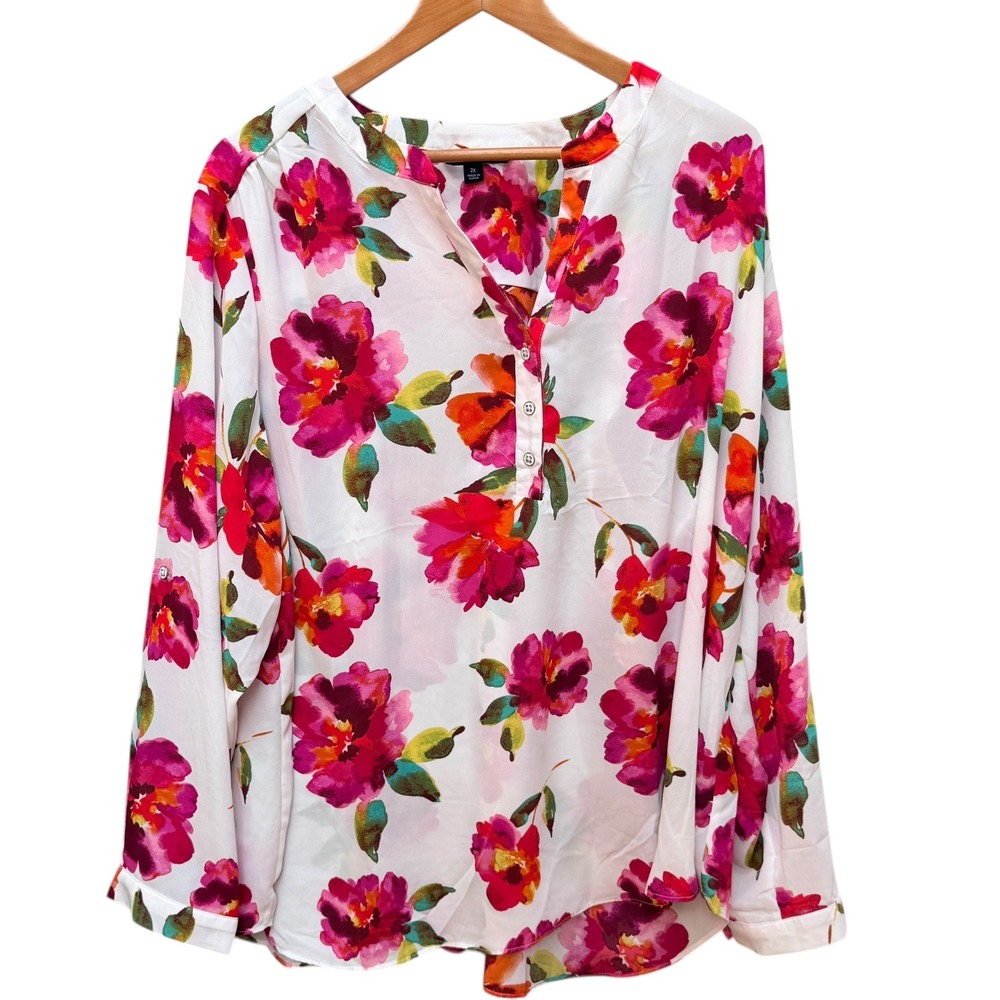 Zac & Rachel Blouse Womens 2X White Pink Floral Button‎ Front ST8350UP4 NWT